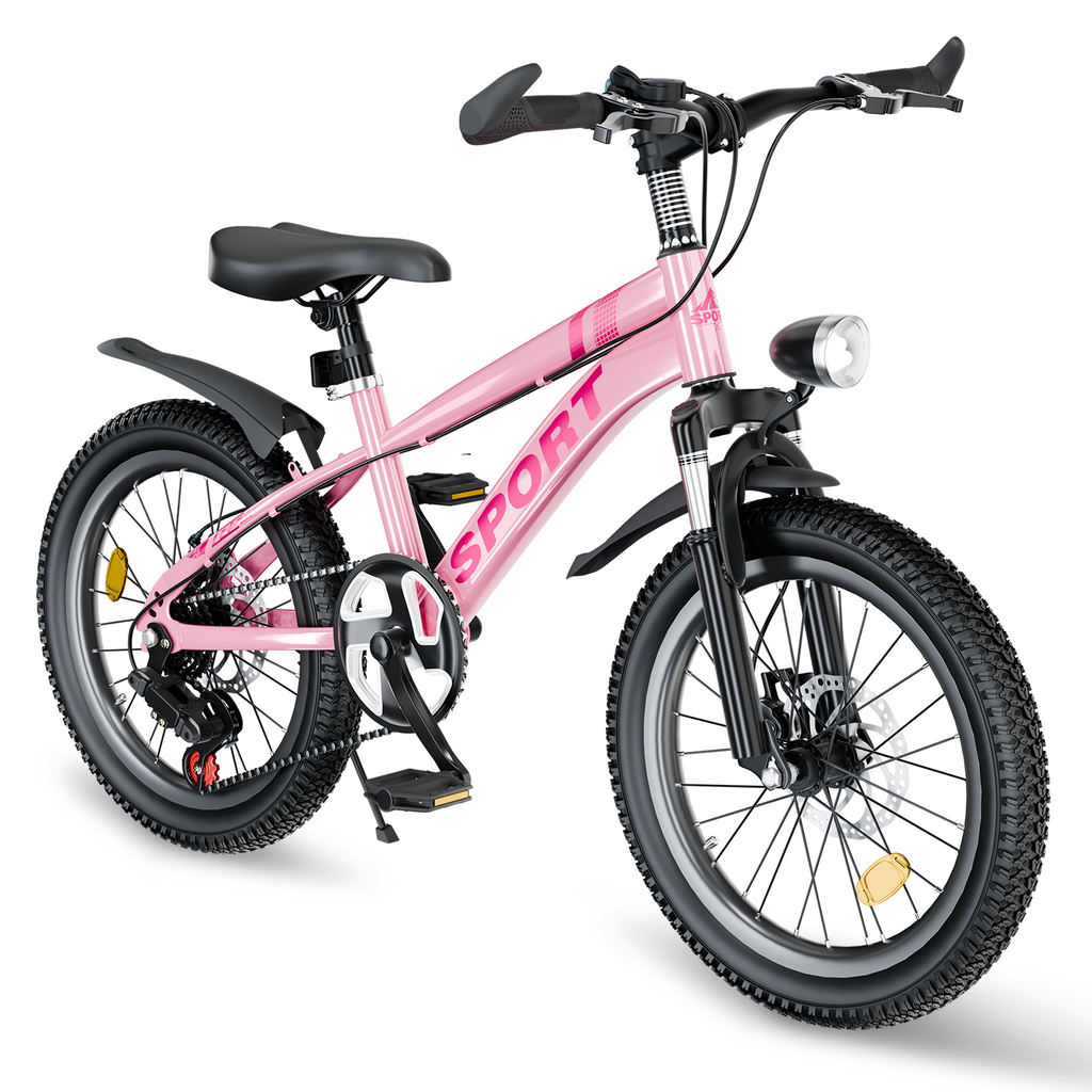 FKZNPJ 20 Inch Kids Mountain Bike for Boys & Girls Ages 7-12 – 7-Speed Gears, Dual Disc Brakes, Shock Absorber Front Fork, LED Light – Silver & Pink